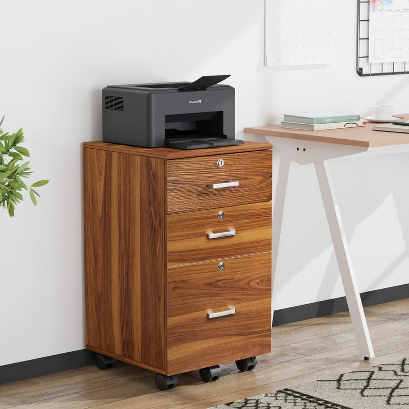 File Cabinet 3-Drawer Rolling Wood with Lock