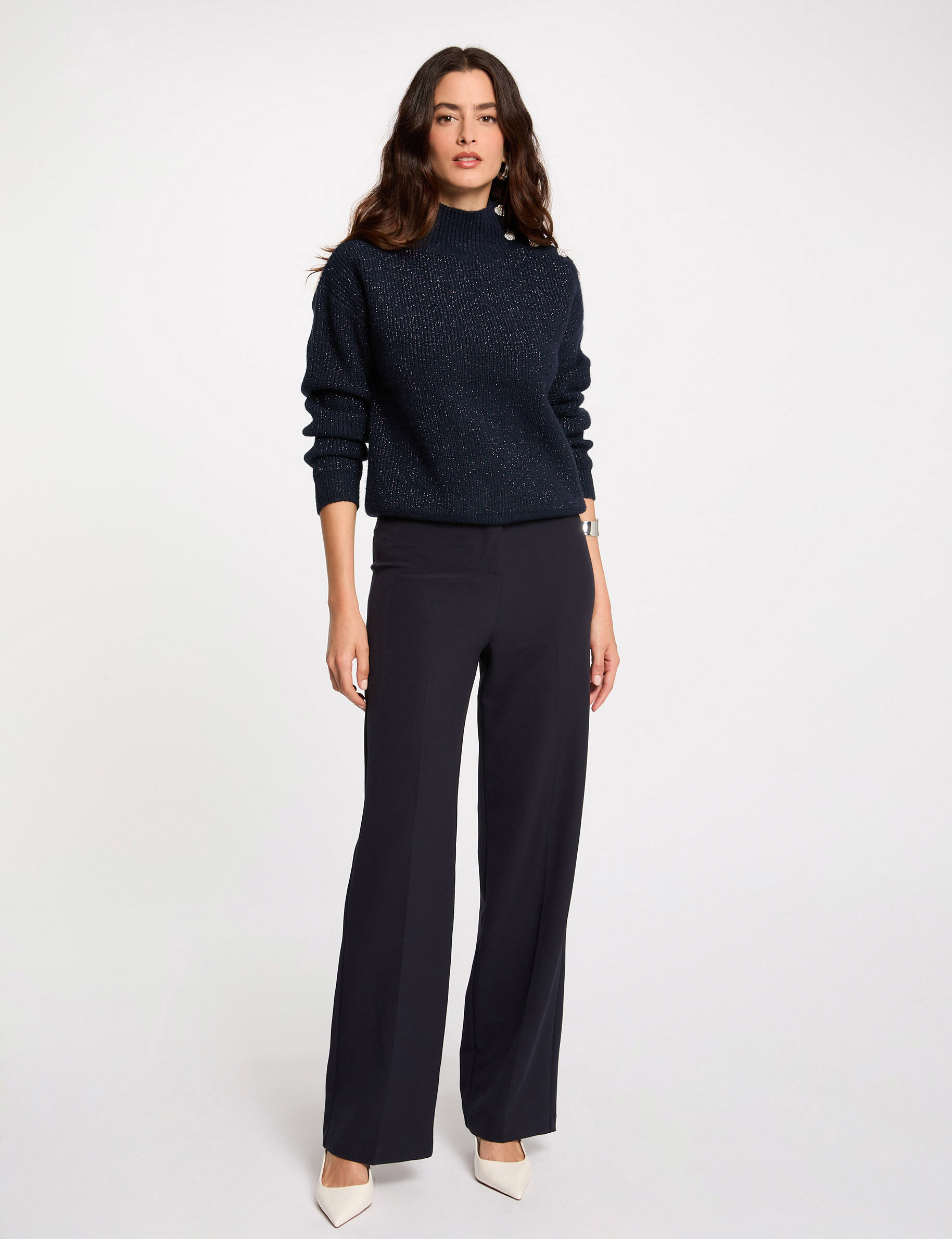 Straight Trousers With Darts Navy Blue Women