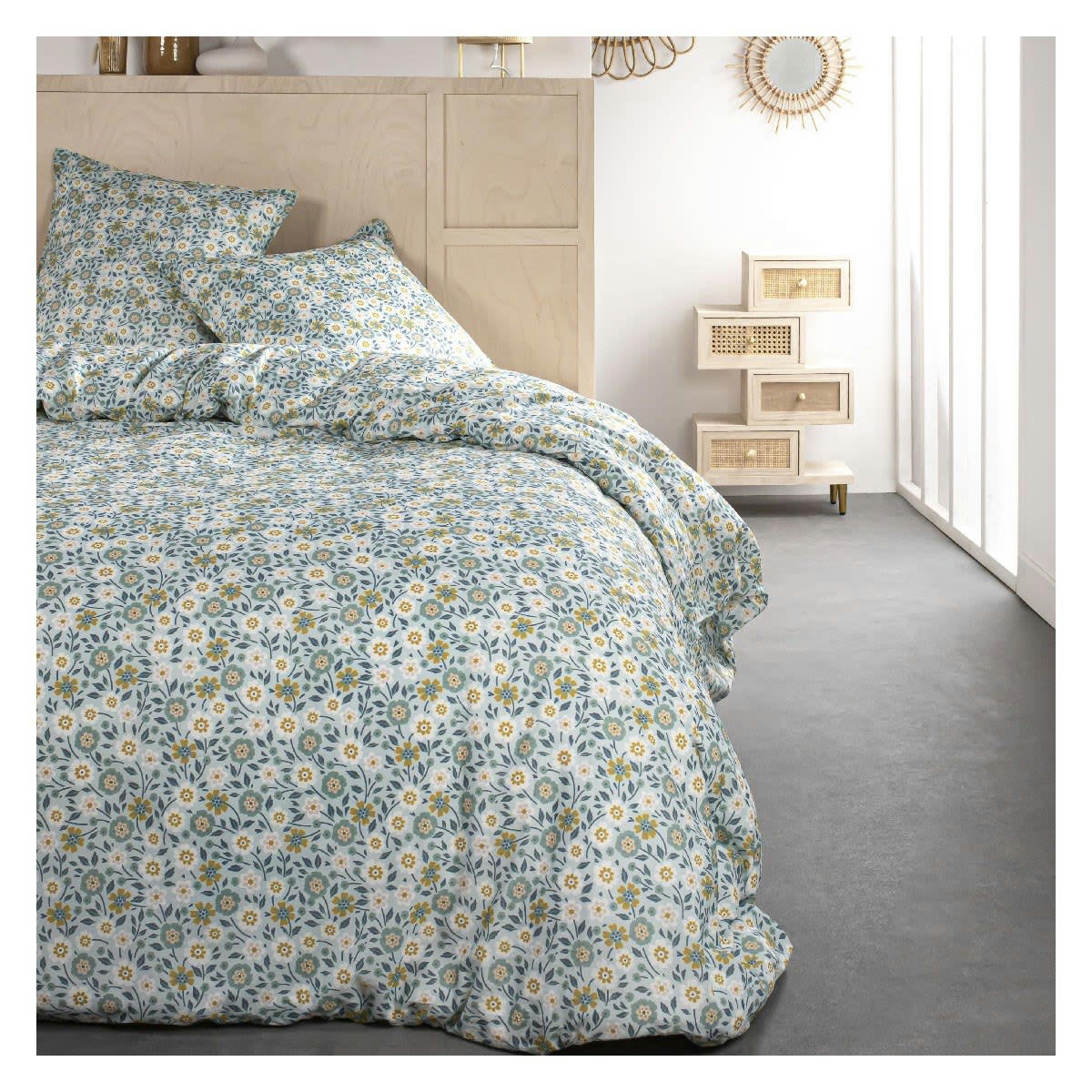 SUNSHINE - Parure de lit 2 personnes imprimé floral en Coton Bleu 220x240 cm