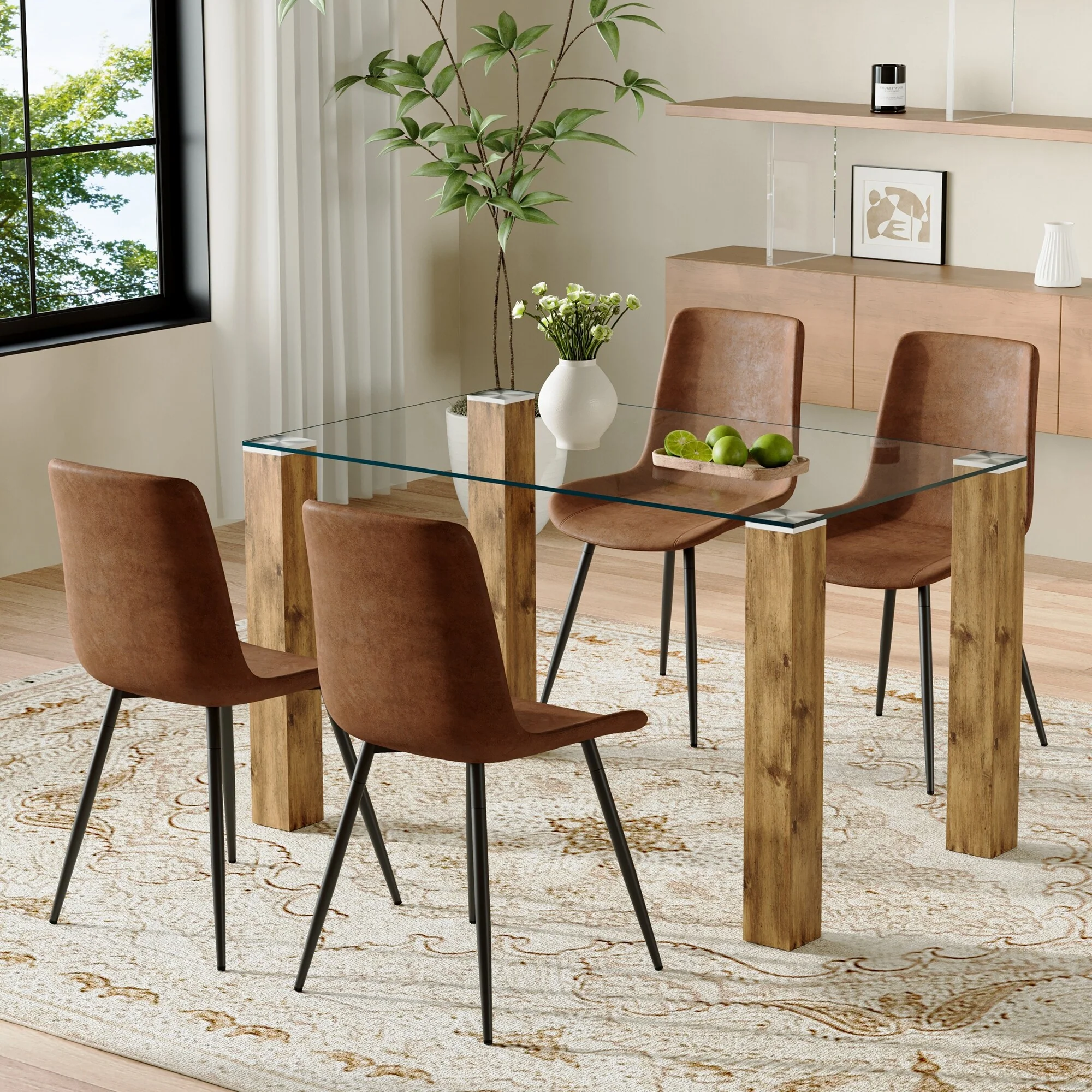 49.6 Glass Dining Table Set for 4, 5 Piece Dining Table Set with Wood Legs, Kitchen Table Set for 4 with Chairs for Living Room