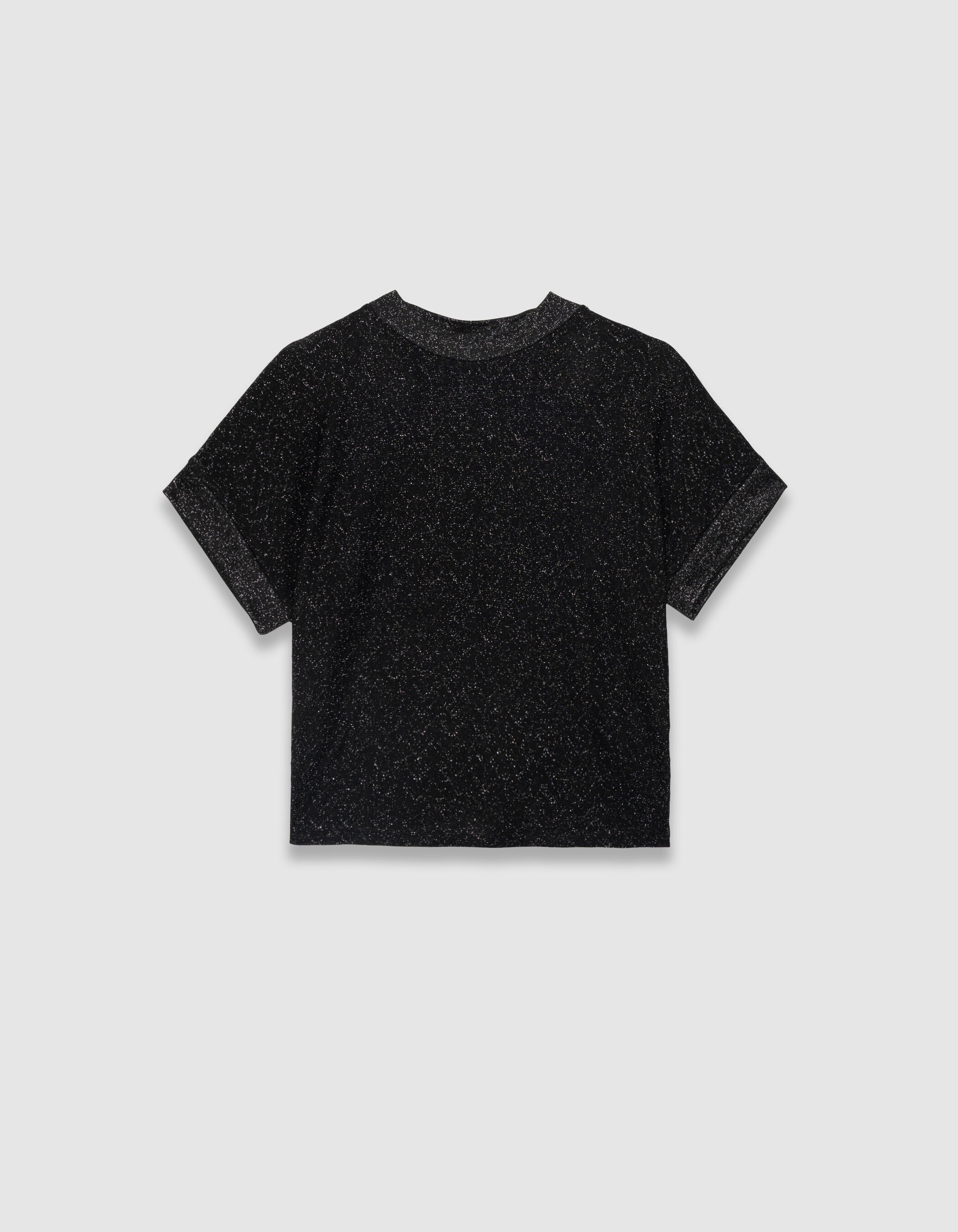 Tee-shirt manches courtes noir lurex maille ajourée Femme