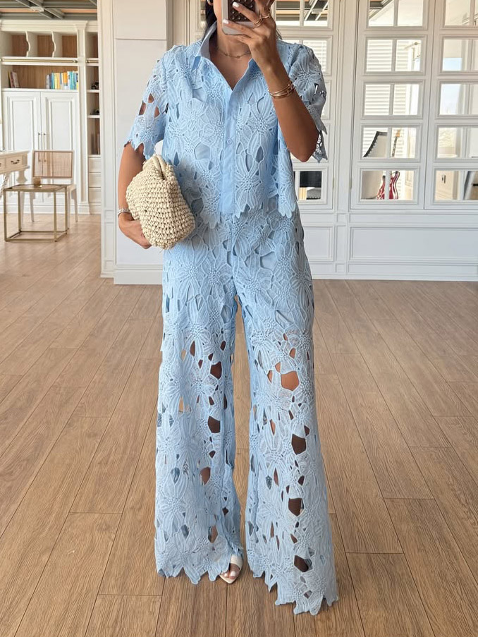 Casual Cutout Lace Shirt & Wide-Leg Pants Two-Piece Set