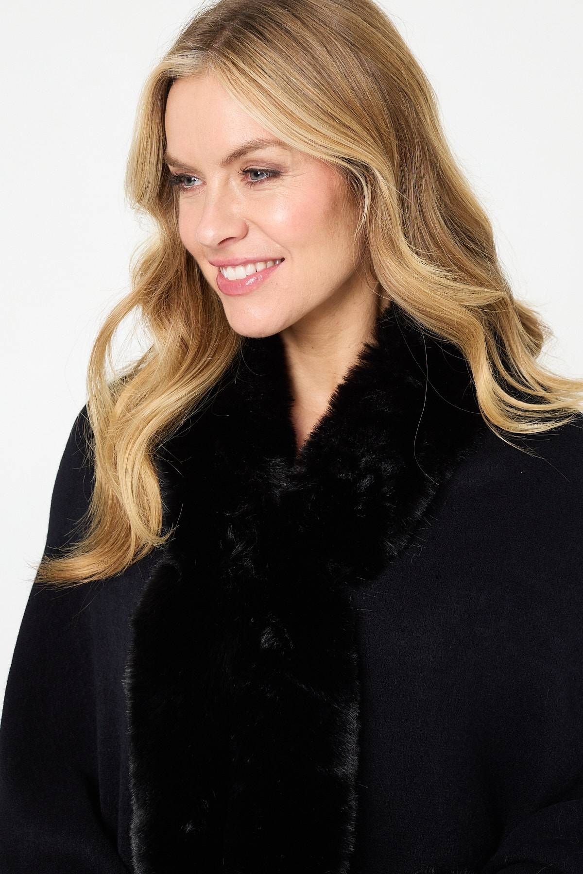 Izabel London Faux Fur Trim Batwing Poncho