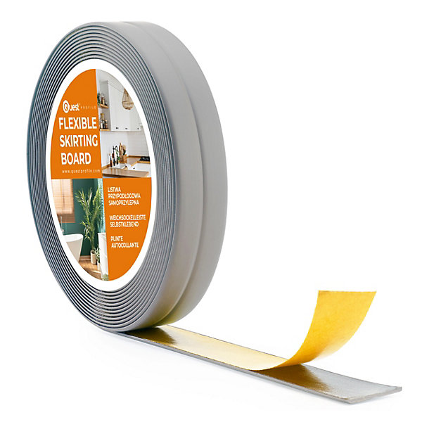 Moulure Souple Auto-Adhésive en PVC 10x10 mm, Plinthe Souple, Bande élastique pour Finitions et étanchéité des Jonctions, gris, 5