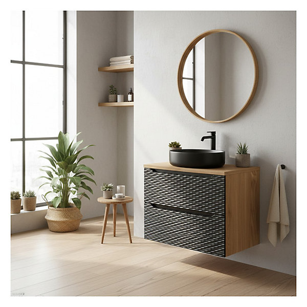 Ensemble de salle de bain YOKA noir : meubles sous vasque à tiroirs 70 cm et plan vasque