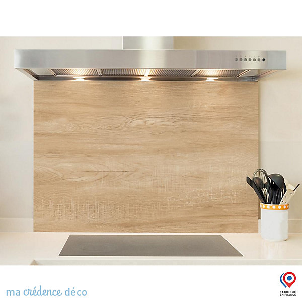 Crédence cuisine fond de hotte Bois brut - Verre trempé - L 70 cm x H 60 cm - MaCrédenceDéco