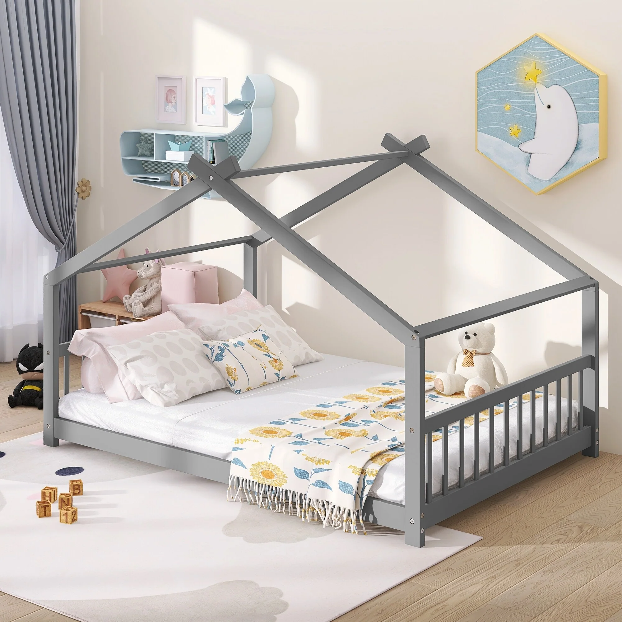 Full Size House Bed with Roof, Wooden Frame, Gray
