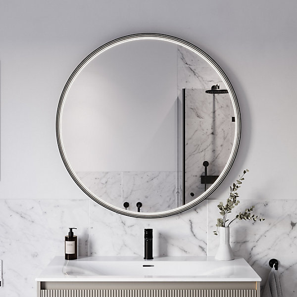 Miroir rond salle de bain éclairage LED 100cm cadre Noir mat anti-buée, capteur de mouvement - BELDIVO