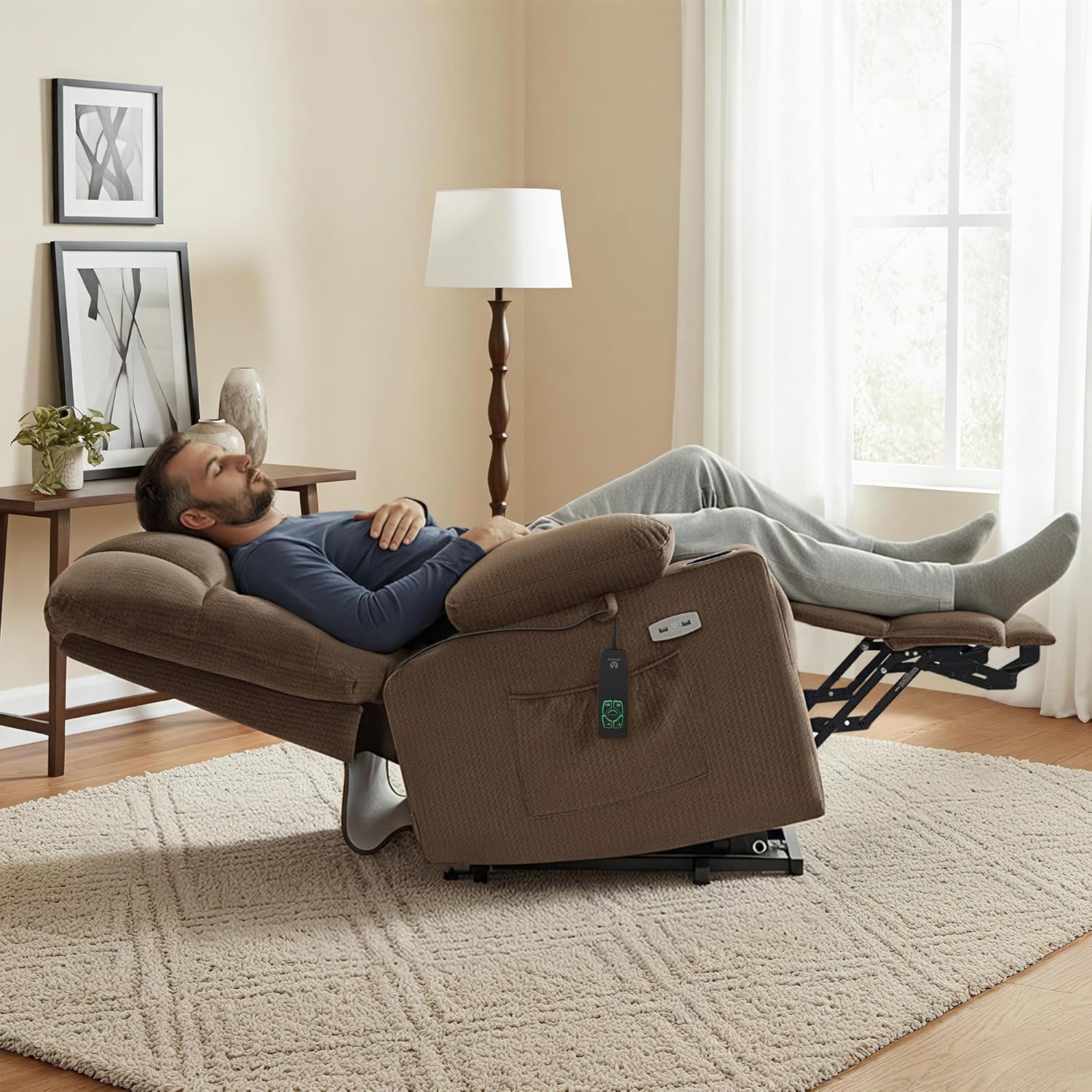 MCombo Large Dual Motor Power Lift Recliner Chair for Elderly, Massage and Heat, Lay Flat, Zero Gravity, Home Button, USB Port, Fabric 7680 (Large, Brown)
