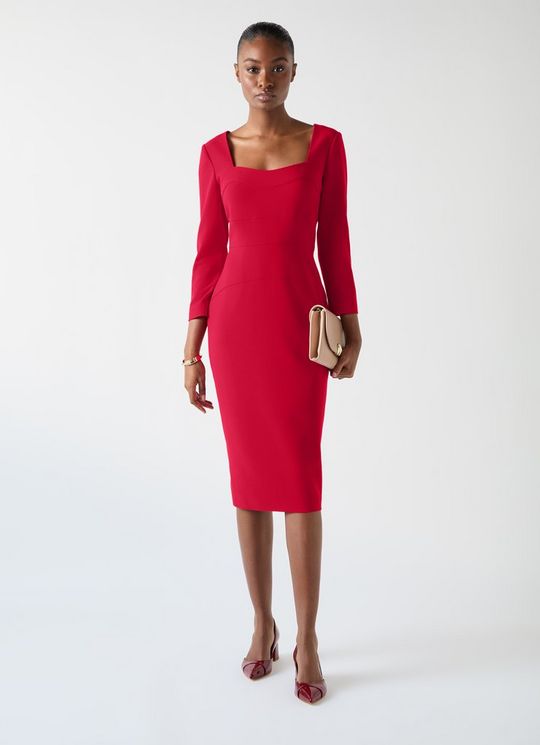 Altyn Red Crepe Shaped Seam Fitted Crepe Dress