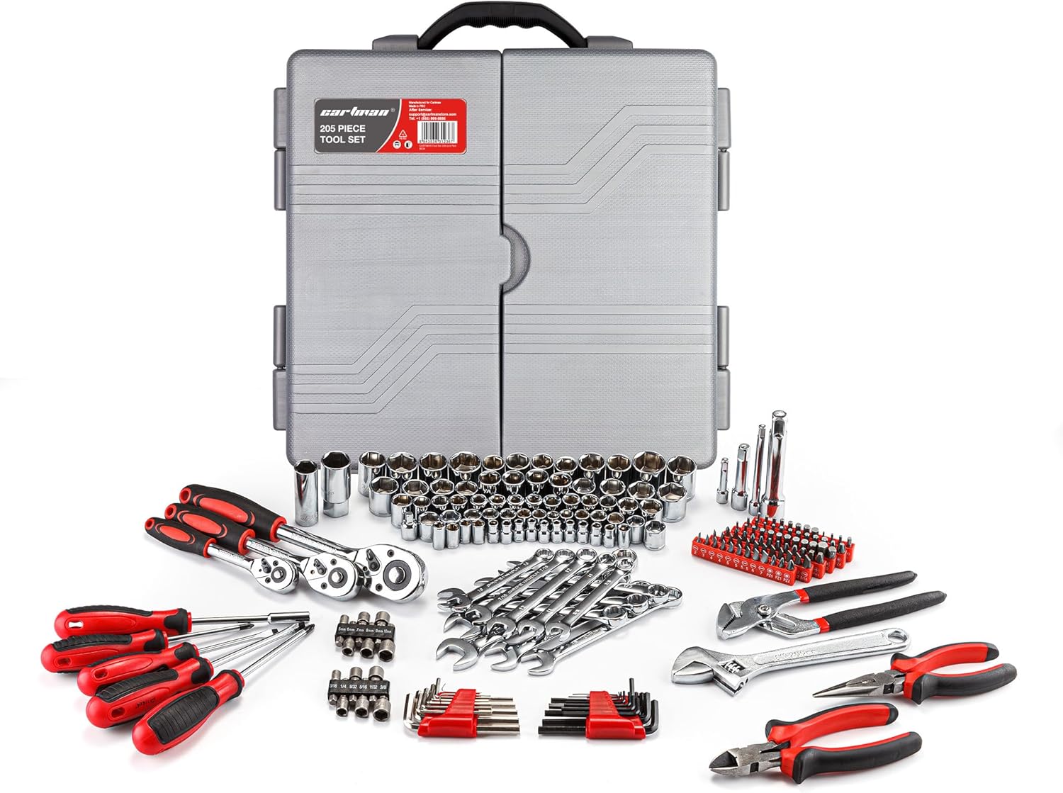 CARTMAN 205 Piece Ratchet Wrench Tool Set 1/4 & 3/8 & 1/2 Drive with SAE/Metric Sockets Kit in Plastic Toolbox