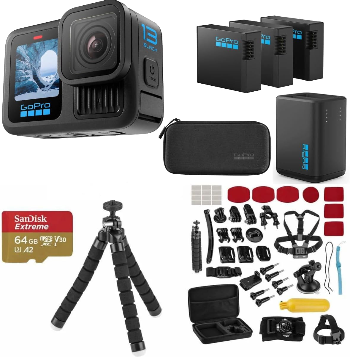 GoPro HERO13 Black Action Camera Bundle with 3 Enduro Batteries  Dual Charger  64GB microSD  Accessory Kit – 5.3K Ultra HD Video  HyperSmooth 6.0  Waterproof Adventure Camera