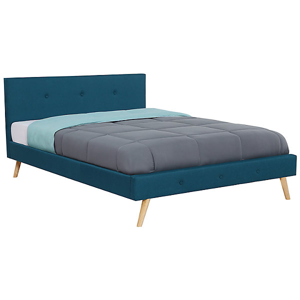 Lit double scandinave OSLO avec tête de lit et sommier 140 x 190 cm tissu bleu canard
