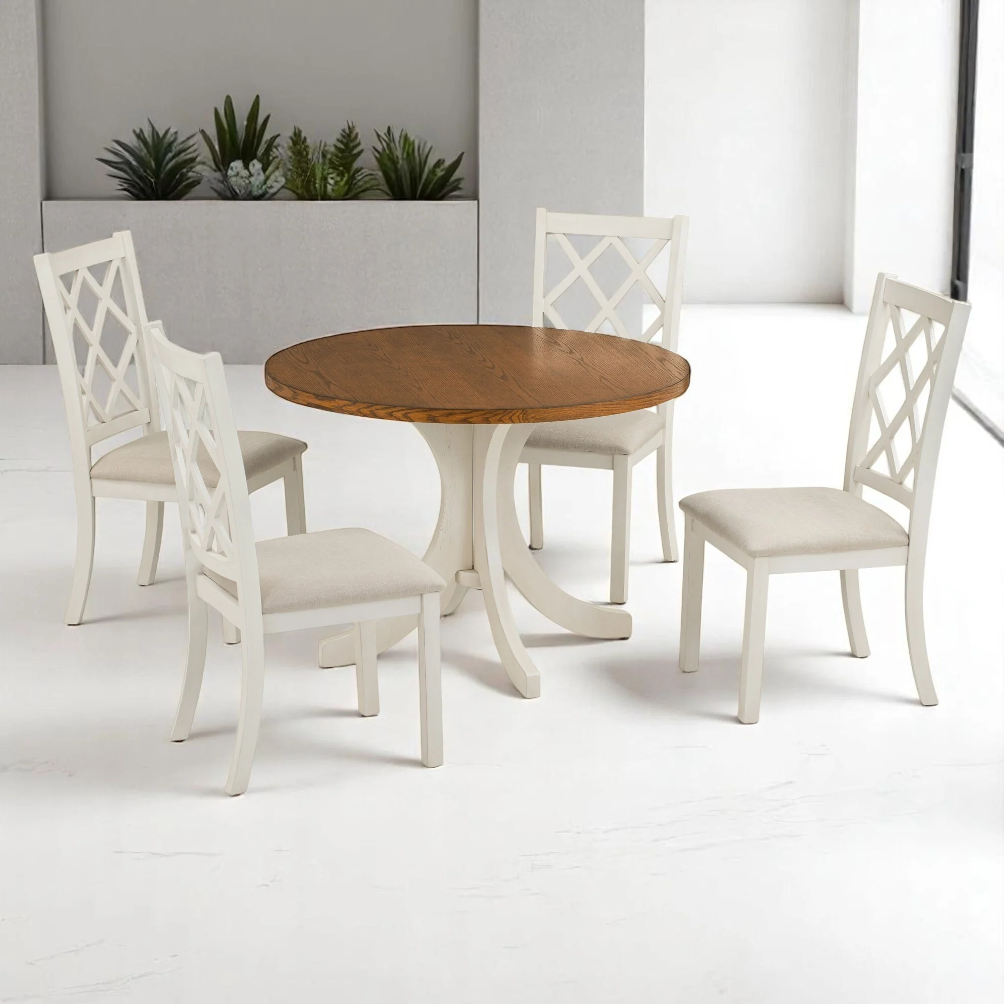Mid-Century 5-Piece Solid Wood Round Dining Table Set with 4 Upholstered Chairs for Small Spaces, Kitchen or Dining Room