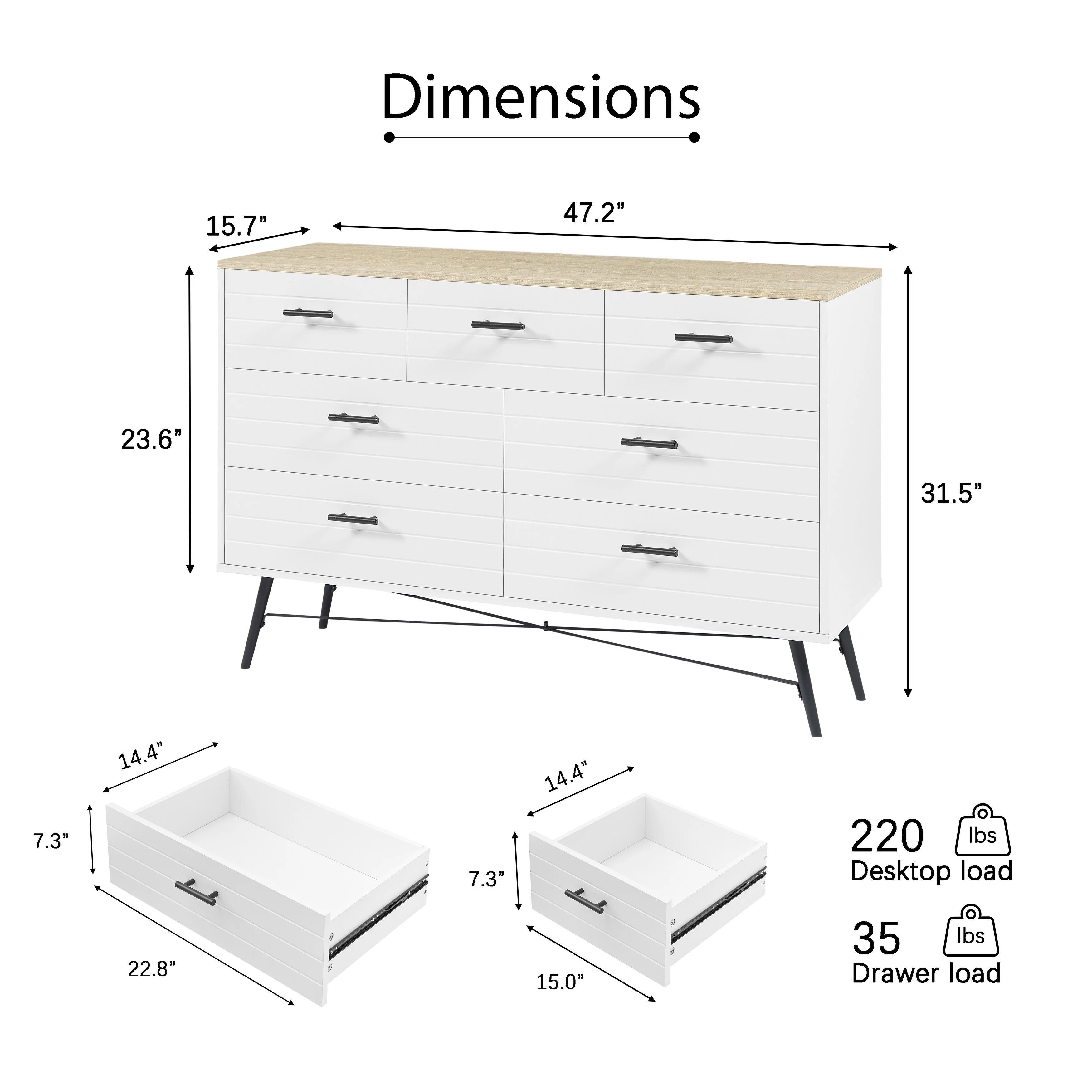 7 Drawer Dresser for Bedroom with Deep Drawers, Wood Dressers & Chest of Drawers, Modern White Long Dressers White & oak