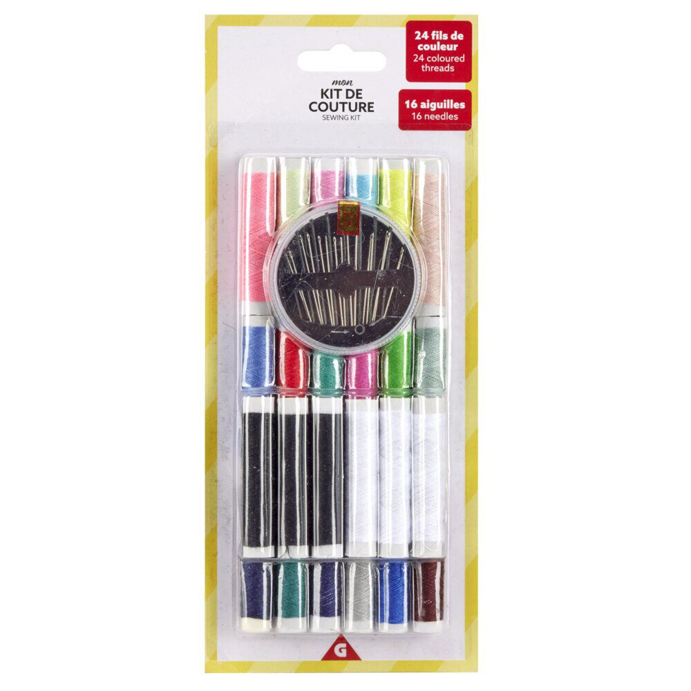 Kit accessoire de couture 24 bobines de fils couleurs et 16 aiguilles