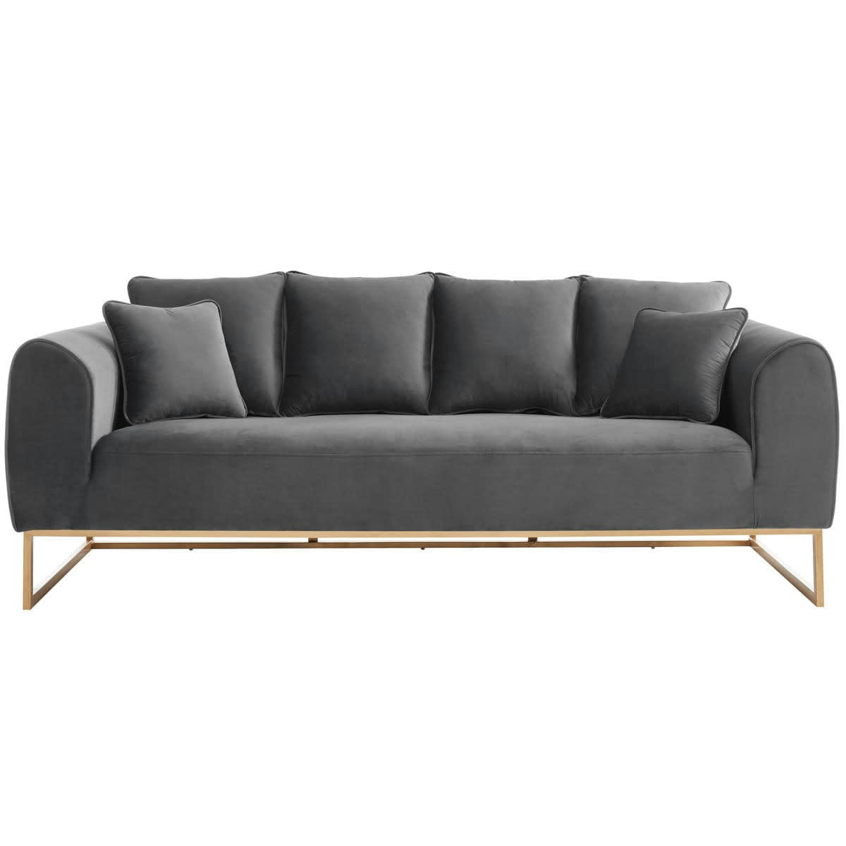 THAIS - Canapé droit 3 places en velours gris anthracite piètement doré