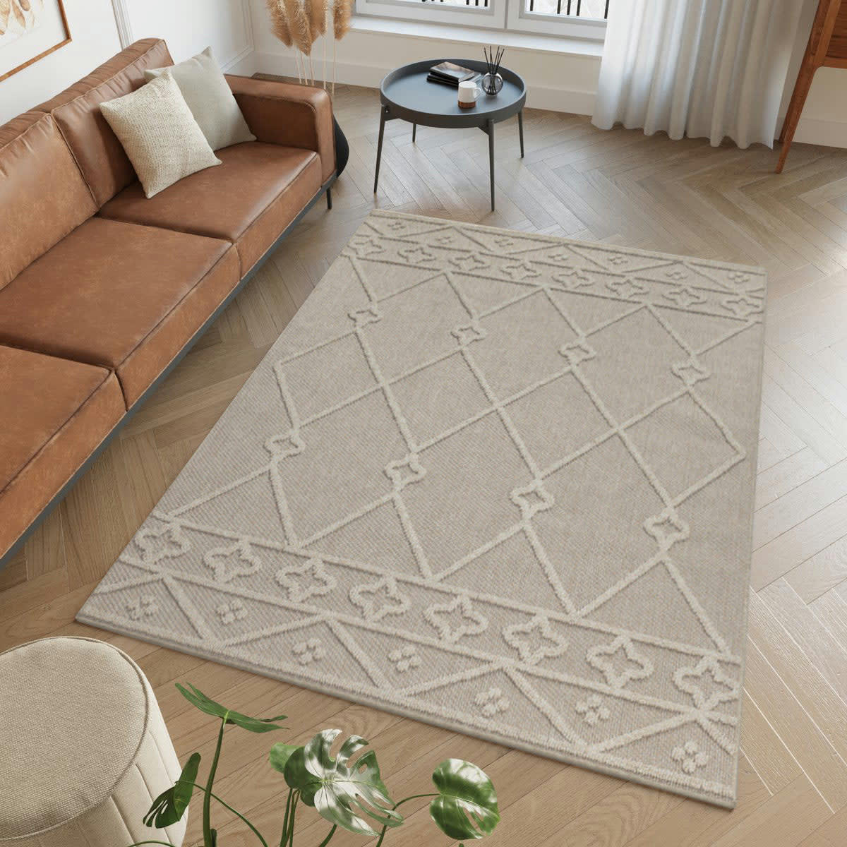 JUDE - Tapis effet jute naturel à relief géométrique beige 140x200cm