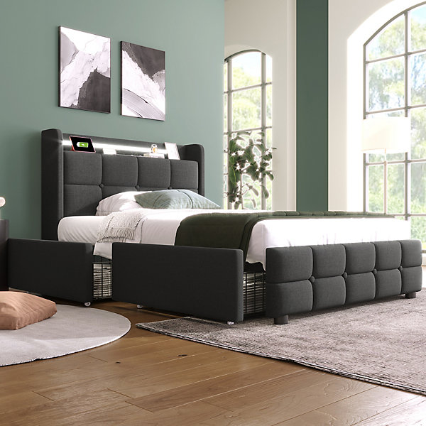 Lit avec rangement 90 x 200 cm - Lit Simple avec Tiroirs et LED - Lin Bois Métal - Sans Matelas - Gris