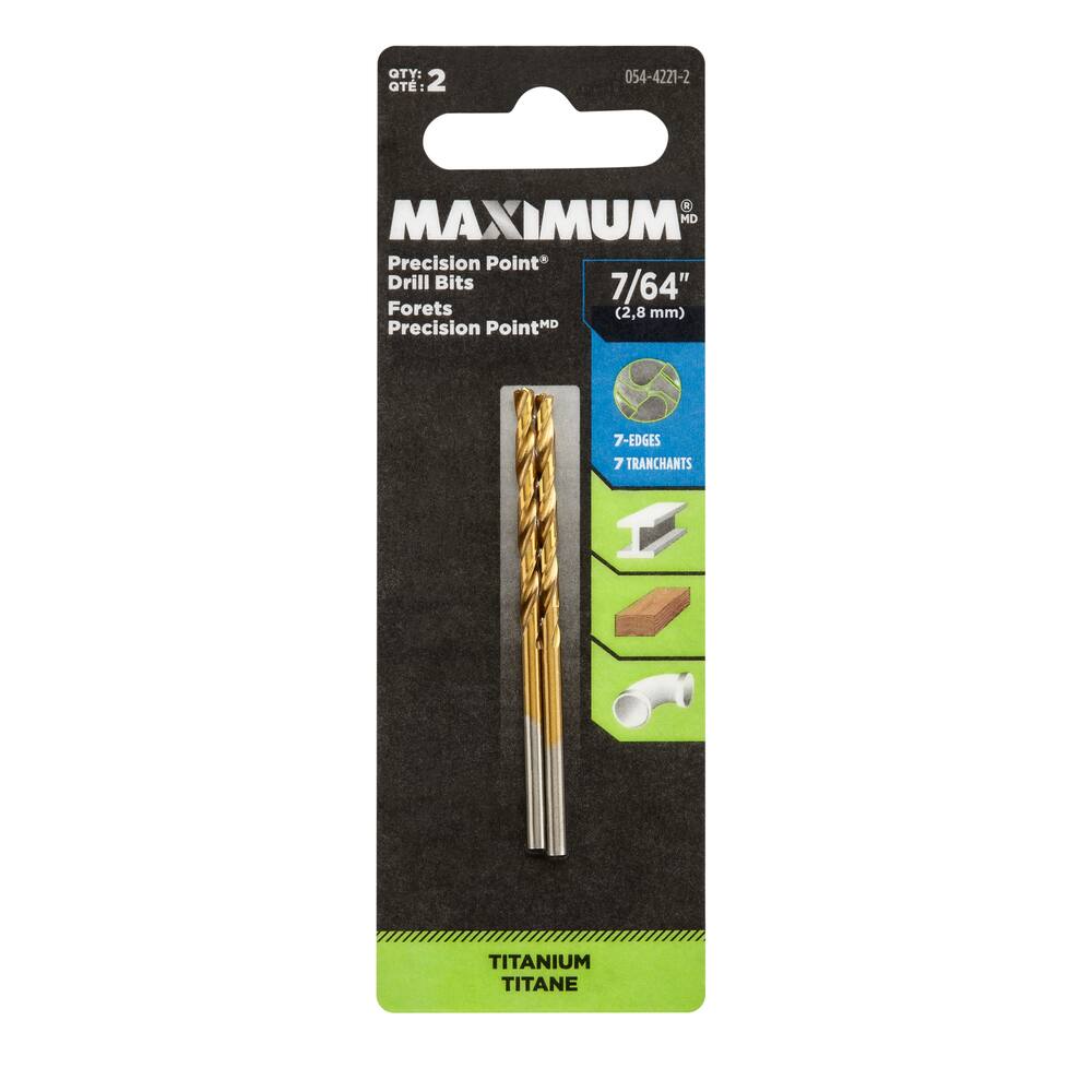 MAXIMUM Precision Point 7-Edge Titanium Drill Bits for Wood, Metal, Plastic, 2-pk