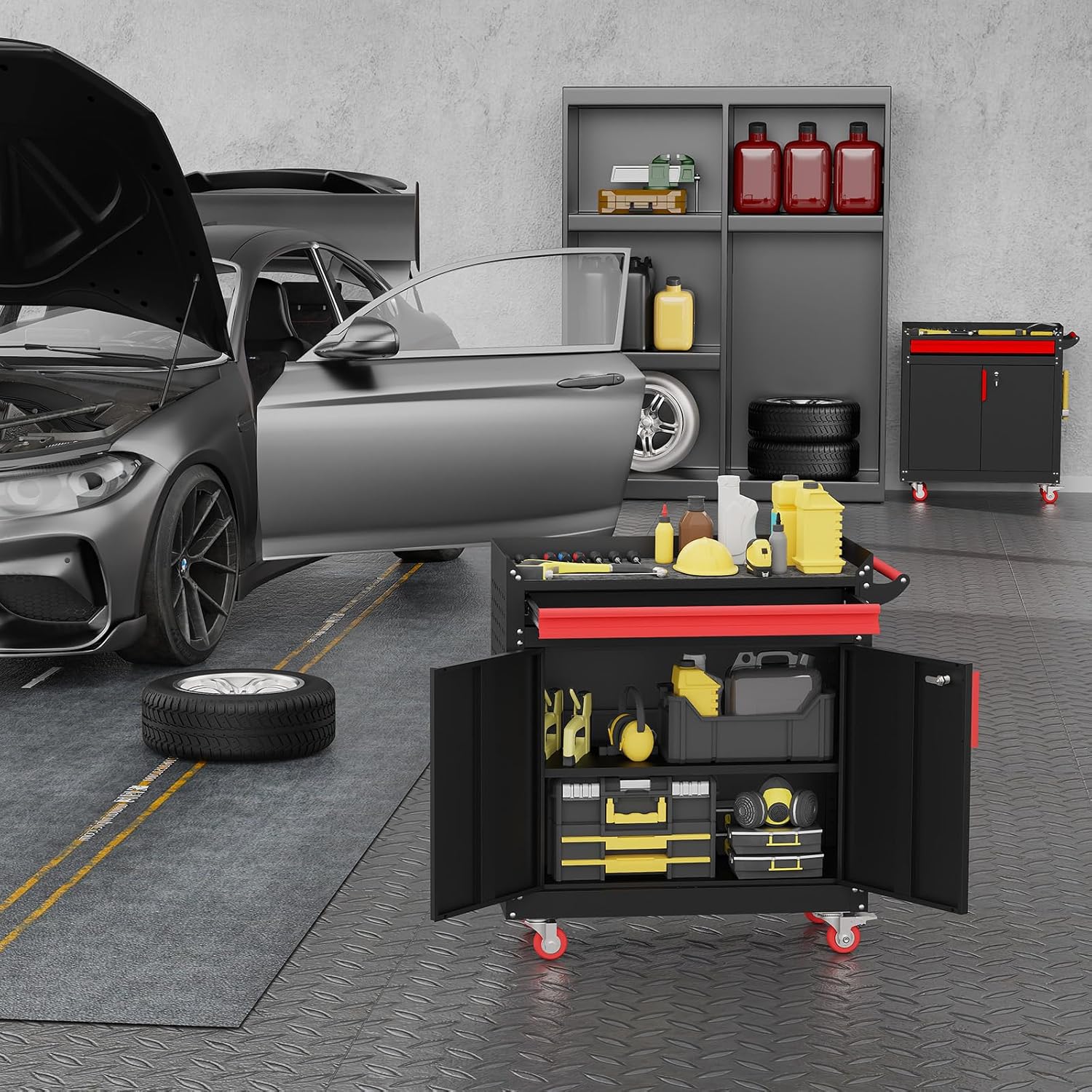 Eltean Rolling Garage Cabinets, Garage Storage Cabinet with Wheels and Workbench, Metal Cabinet with Doors and Shelf, Lockable Metal Storage Cabinets, for Home,Garages, Repair Stores, Warehouses