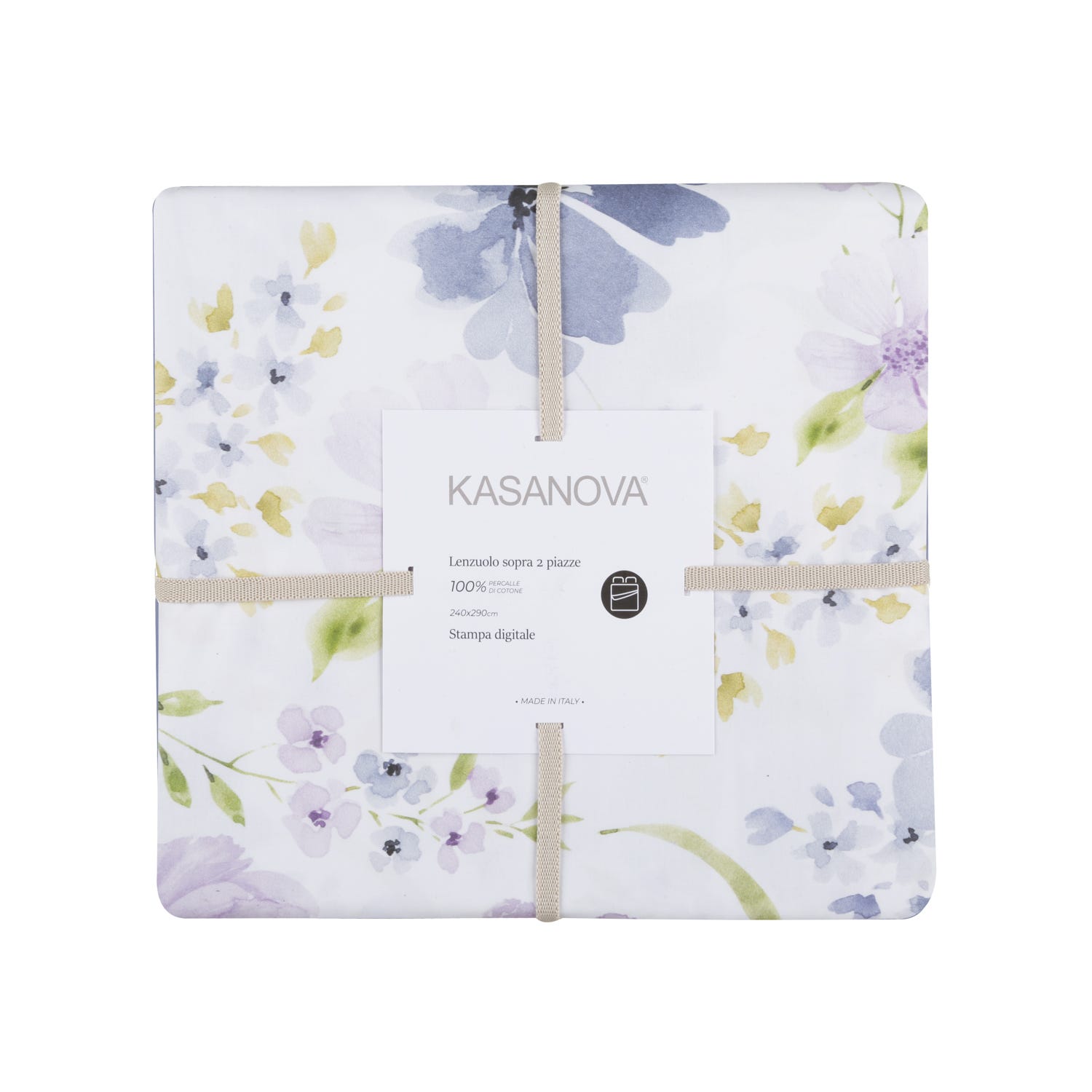 Lenzuolo piano matrimoniale fiori blu cotone percalle