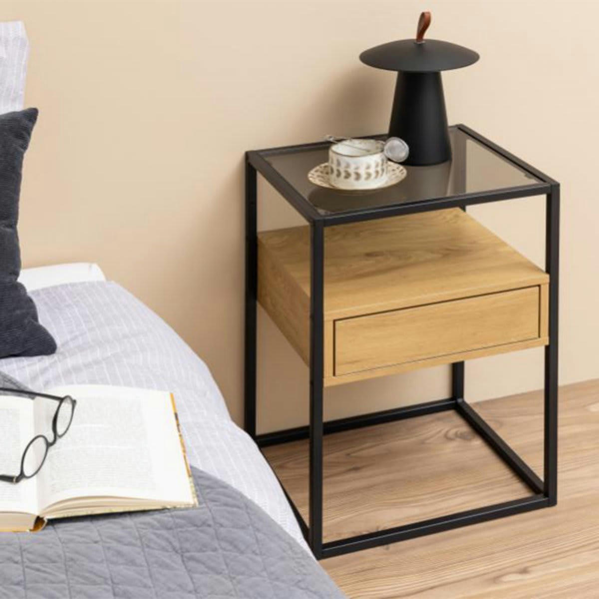 OLFY - Table de chevet 1 tiroir avec plateau en verre
