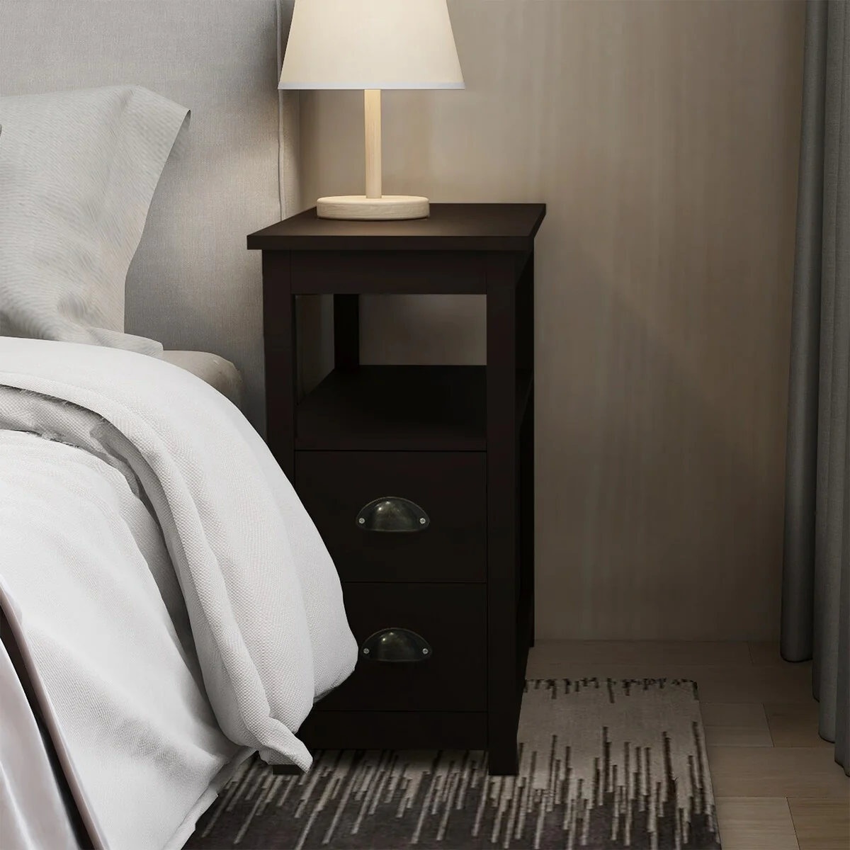 Brown Narrow Nightstand with Two Drawers and Open Shelf