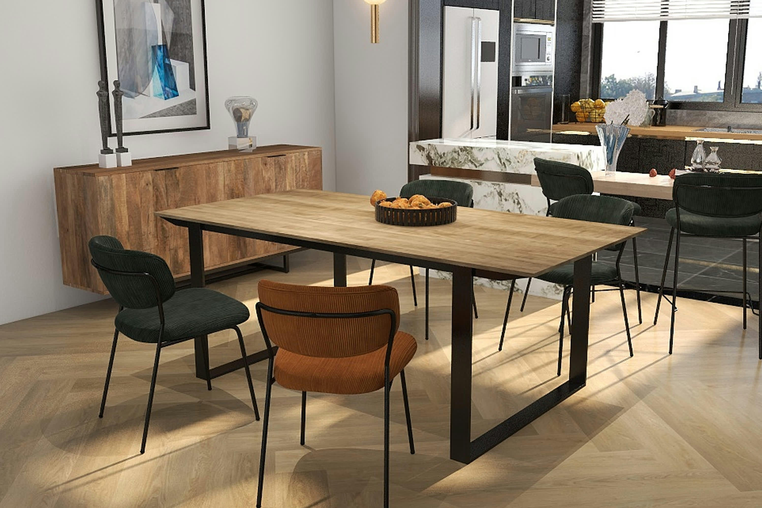 CLARA - Chaise en tissu côtelé Ocre et métal noir mat (x2)