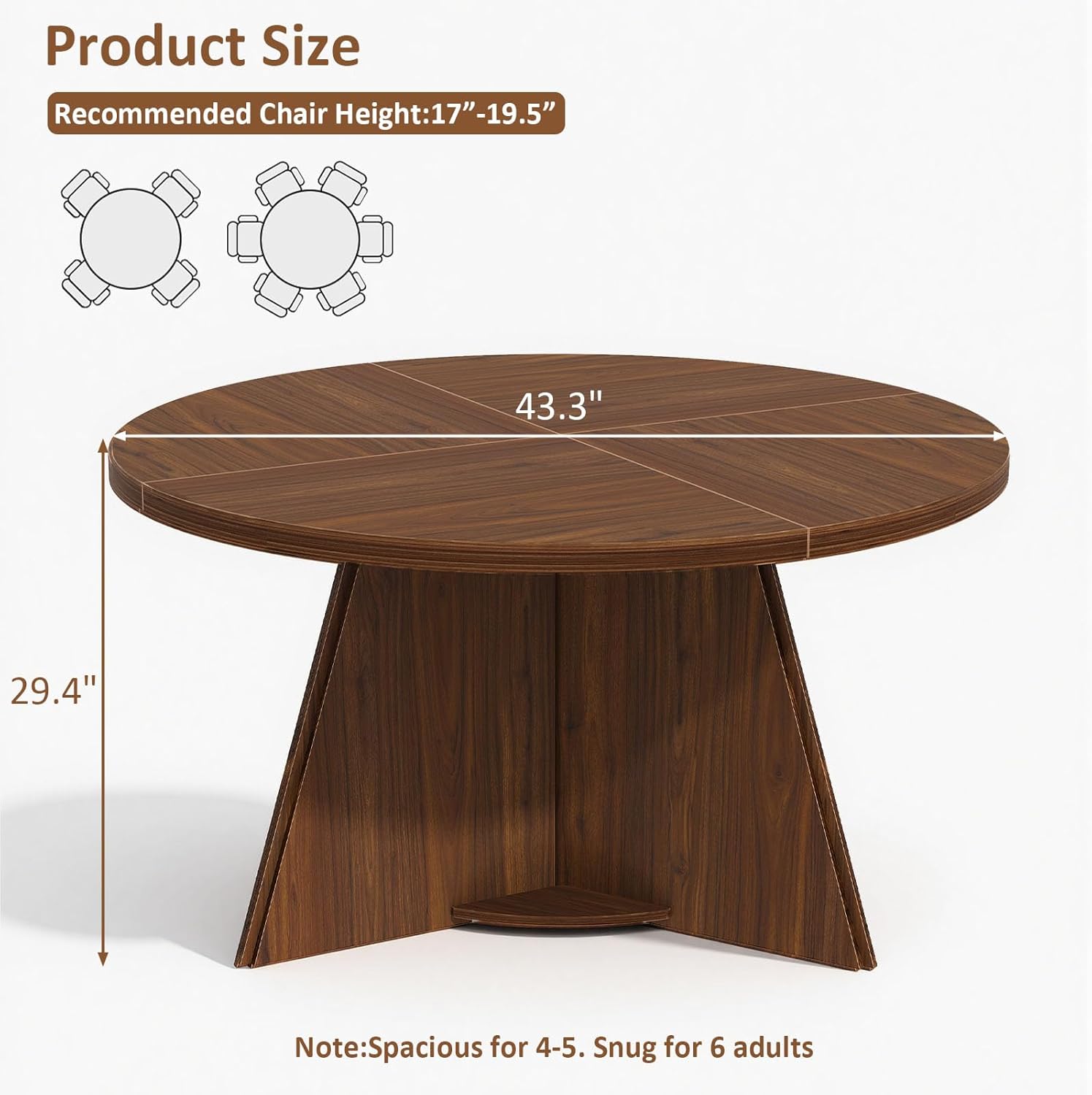 LVB Round Dining Table for 4-6, Mid Century Modern Walnut Circle Dinner Table, Brown Wood Pedestal Kitchen Table with Wooden Base for Dining Room, Kitchen, Living Room, 43 inch