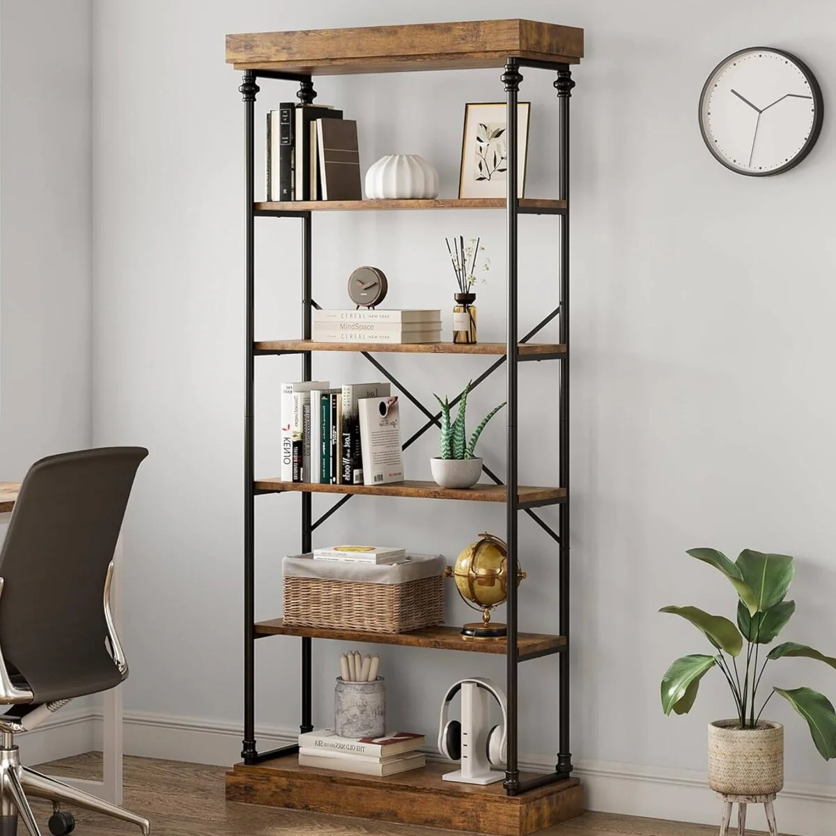 Industrial 6 Tier Tall Wood Bookcase with Metal Frame - N/A