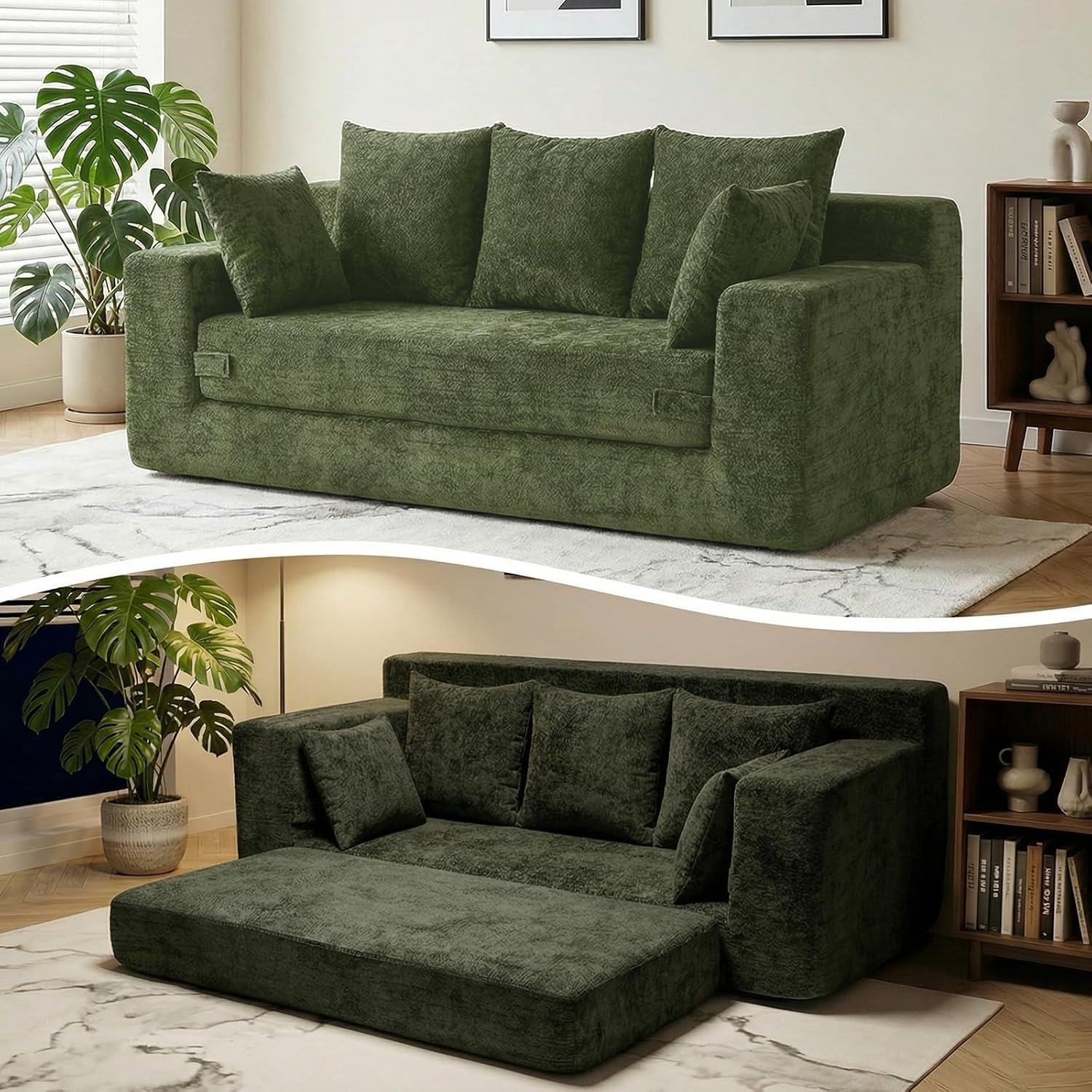 Boneless Couches 70, 3 Seater Boneless Couch with Pull Out Sofa Bed, Boneless Couch Bed with 5 Pillows Green, Plush Velvet Sofa for Living Room & Bedroom