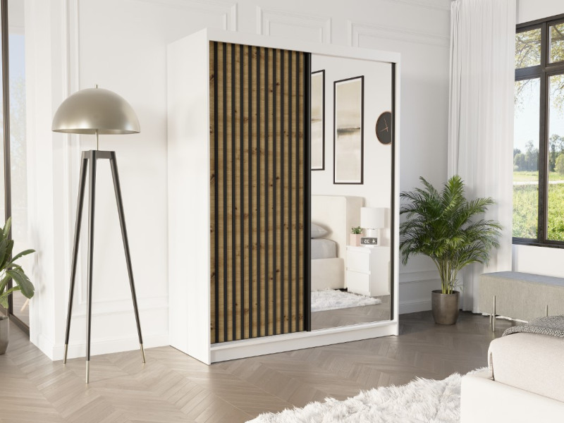Szafa przesuwna 150 cm z lustrem lamele FRAMIRE Rivano VII biały artisan