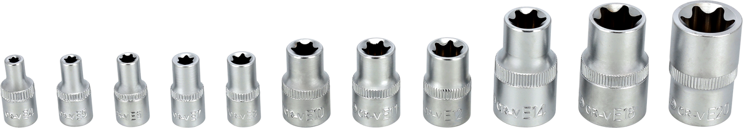 Zestaw nasadek TORX 1/4” E4,5,6,7,8 3/8” E10,11,12 1/2” E14,18,20 11elem. STALCO S011100011 STALCO S011100011