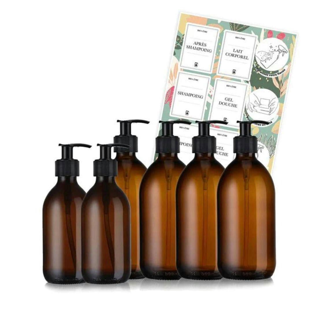 - Pack Bien-Être - flacons distributeurs verre ambré + étiquettes