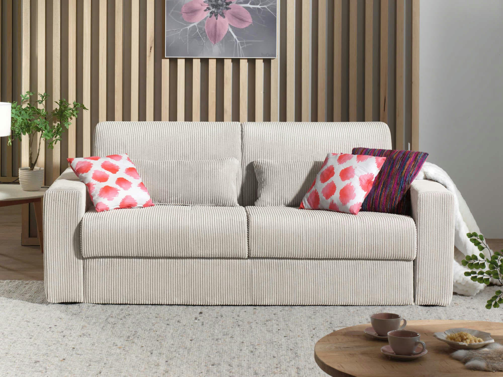 SACHA - Canapé droit convertible 3 places en velours côtelé beige