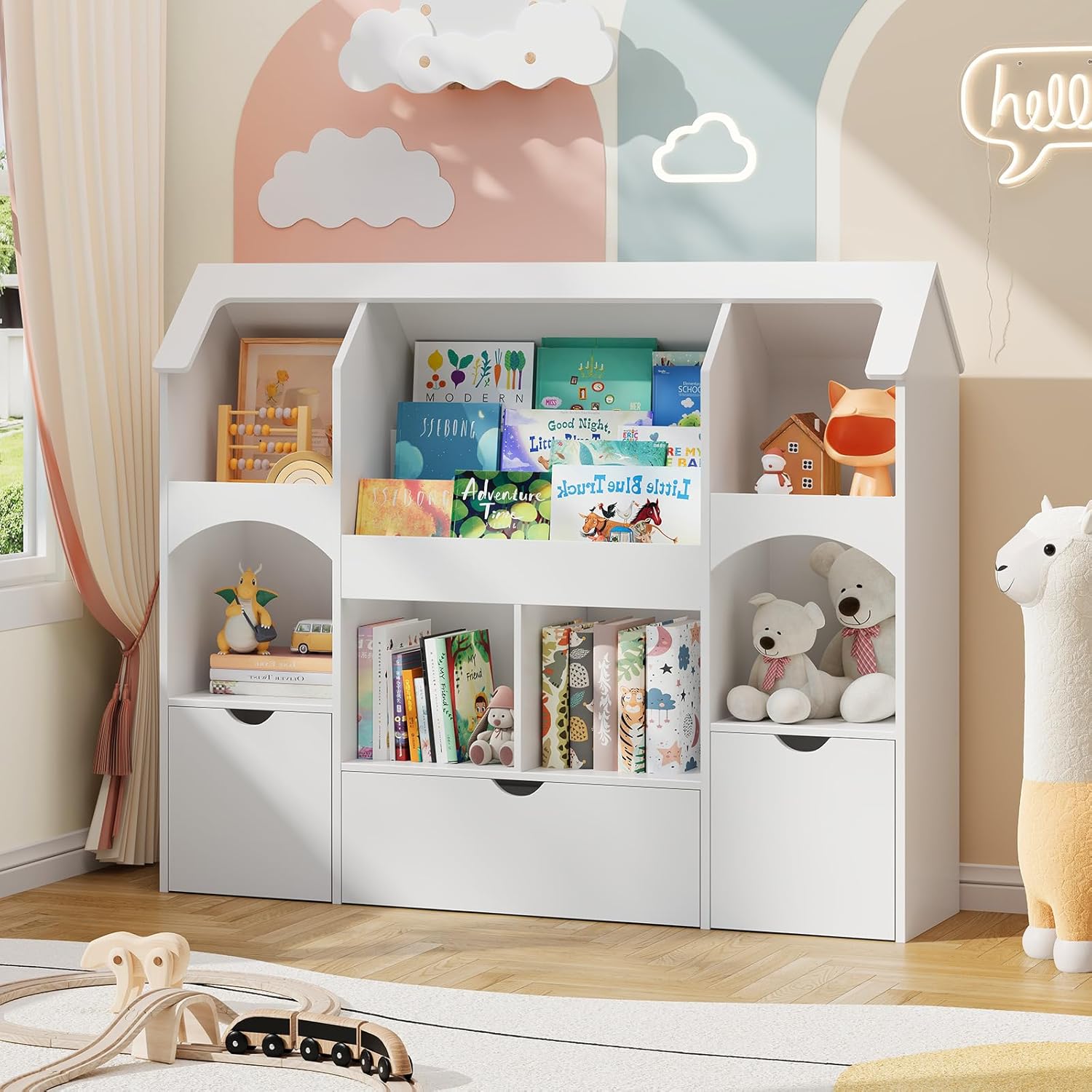 Kids Bookshelf with Toy Storage, Castle-Shaped Bookshelf with 3 Movable Drawers and LED Lights, Toy Storage Organizer with 3-Tier Book Rack for Kids Room, Playroom, Nursery