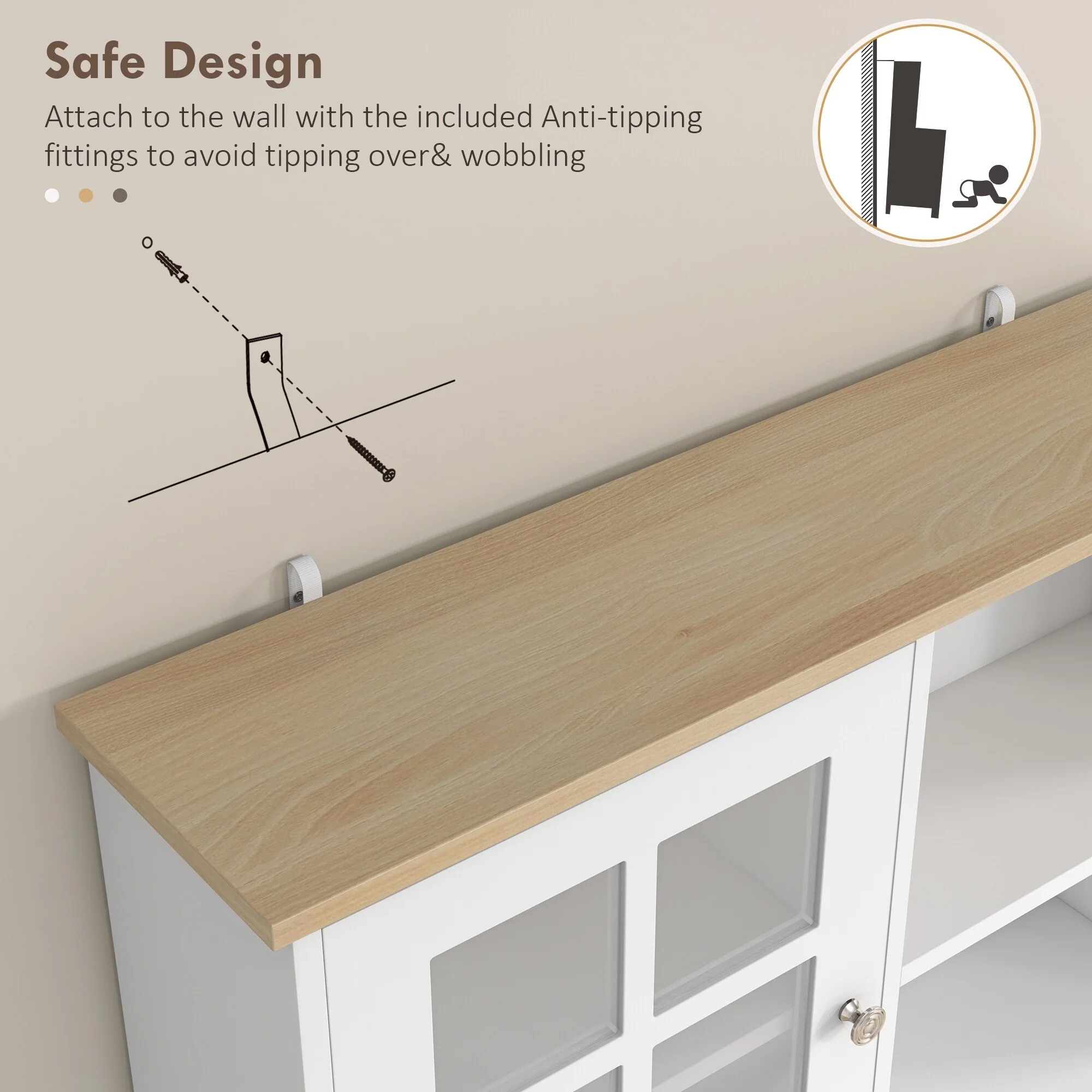 Modern Storage Cabinet with Large Countertop, Glass Doors and Adjustable Shelves