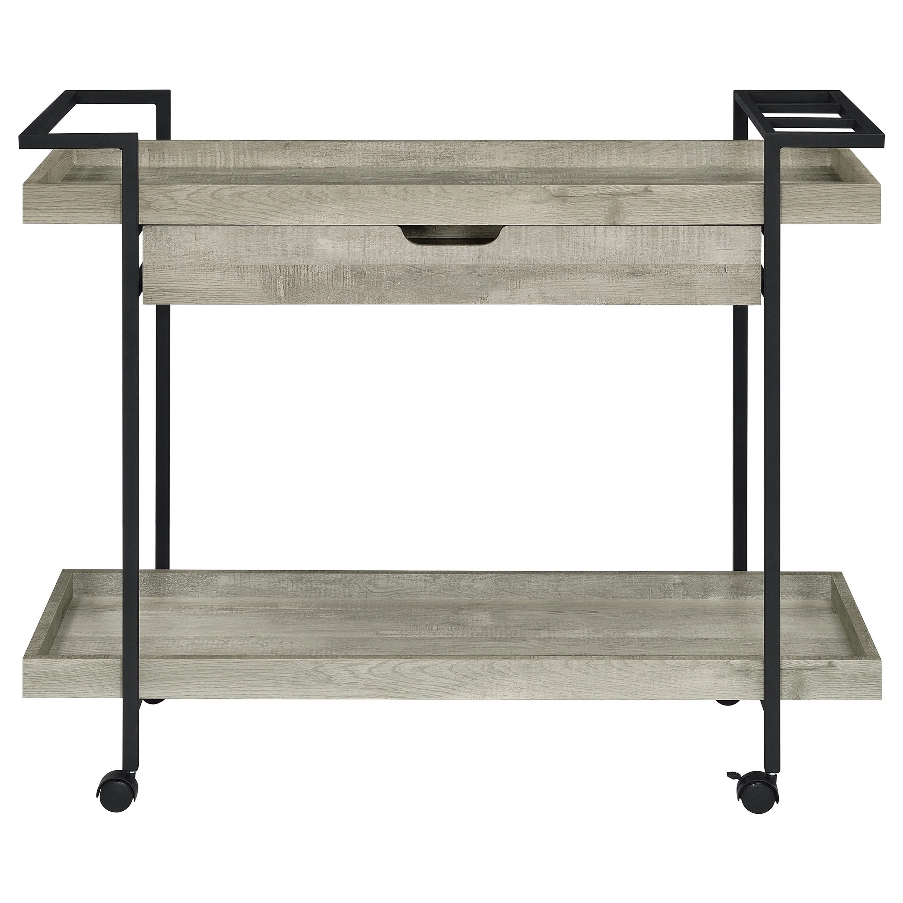 Tra 40 Inch Rolling Bar Cart, 2 Tier with Drawer, Gray Wood, Black Metal