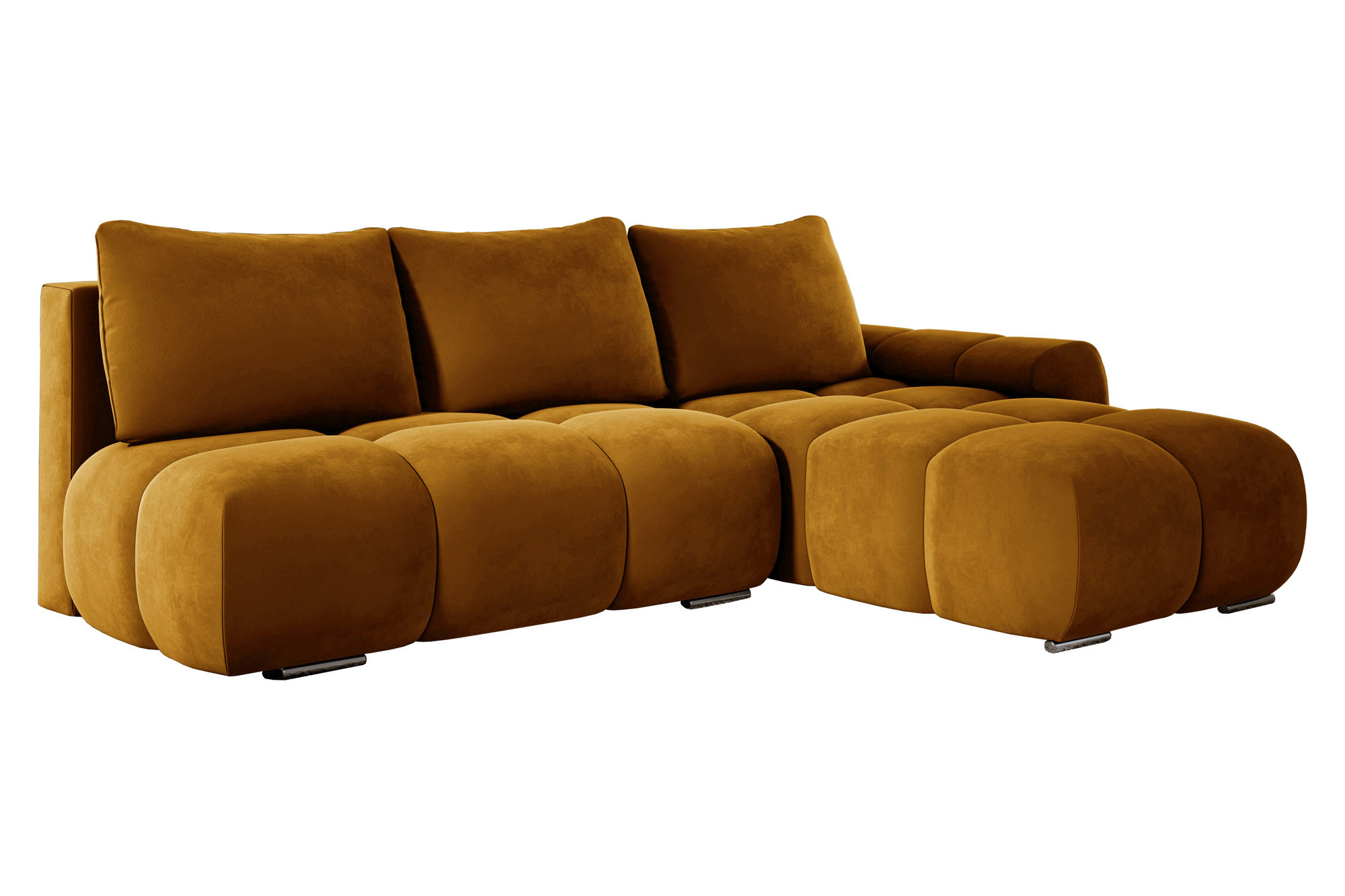 Nowoczesna sofa narożna rozkładana ALFERIA żółty welur pojemnik prawa