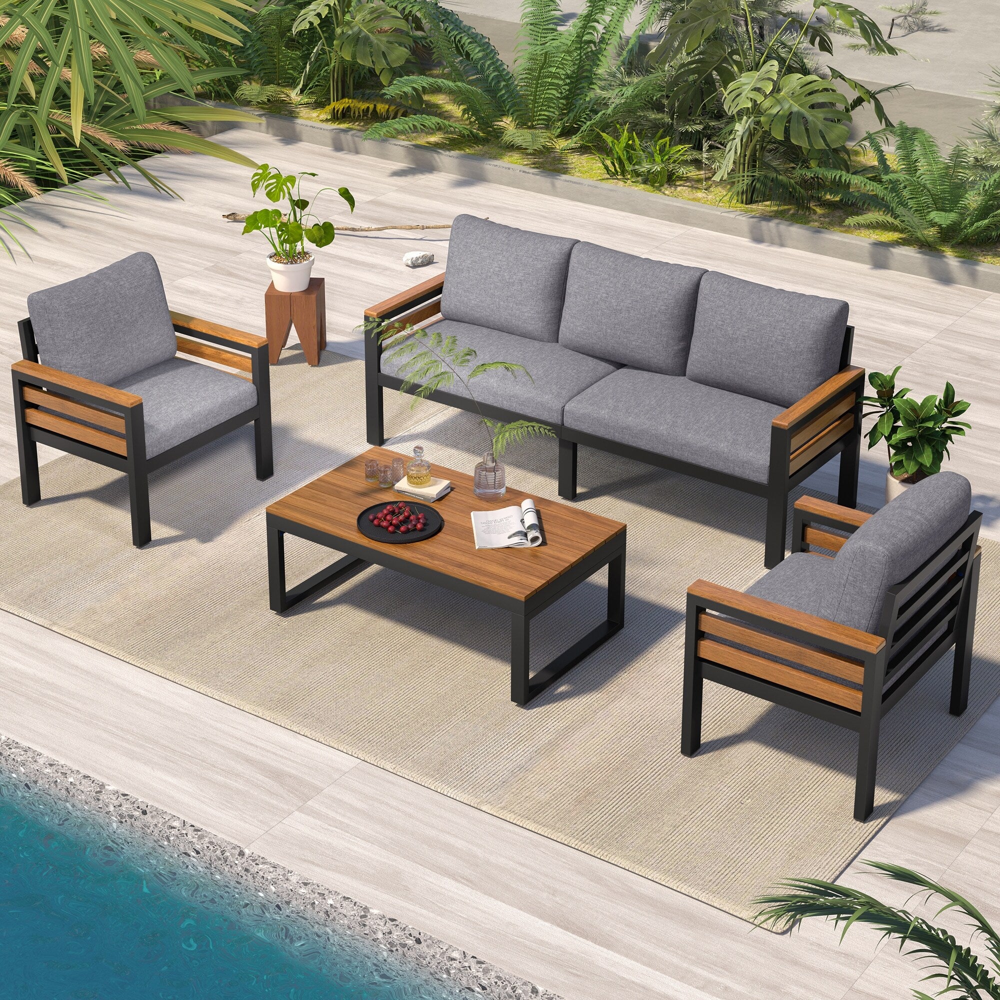 4-Piece Outdoor Furniture Sofa Set for 5 People with Acacia Wood Armrests, Patio Conversation Set with Removable Cushion