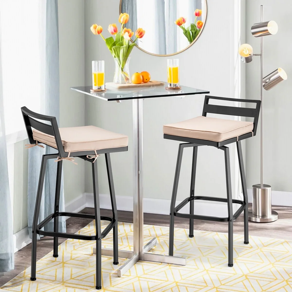 Set of 2 Outdoor Wrought Iron Swivel Bar Stools with Waterproof Cushions - With Cushion