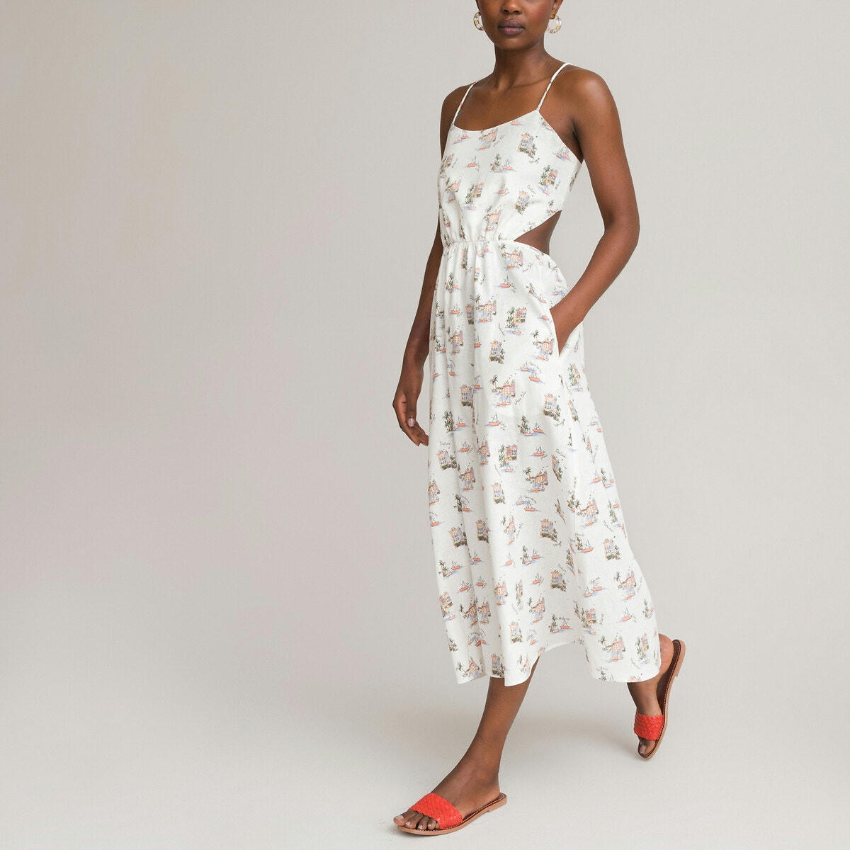 Robe longue à découpes fines bretelles imprimée