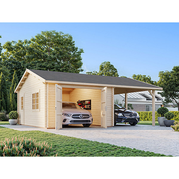 Garage en bois Roger portes battantes 19m²   carport 16,2m² Palmako