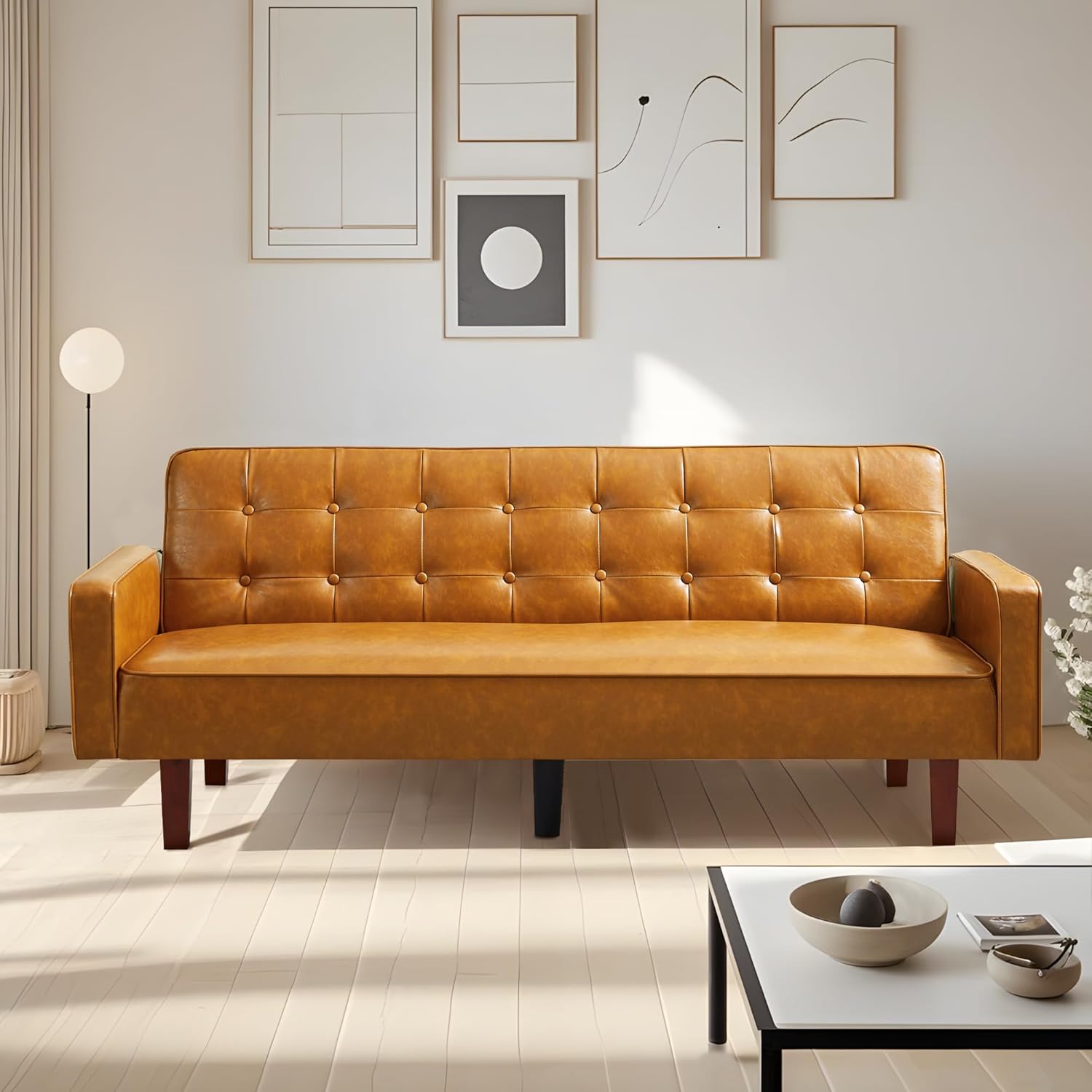 74 Futon Sofa Bed, Mid Century Modern Futon Couch, Small Sofa Cama, Loveseat, Small Couches for Living Room, Office(Faux Leather, Brown)