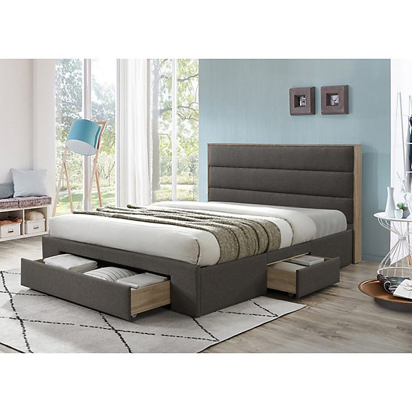 Lit OTTAWA160x200 cm coloris gris et chene avec tiroirs et sommier inclus