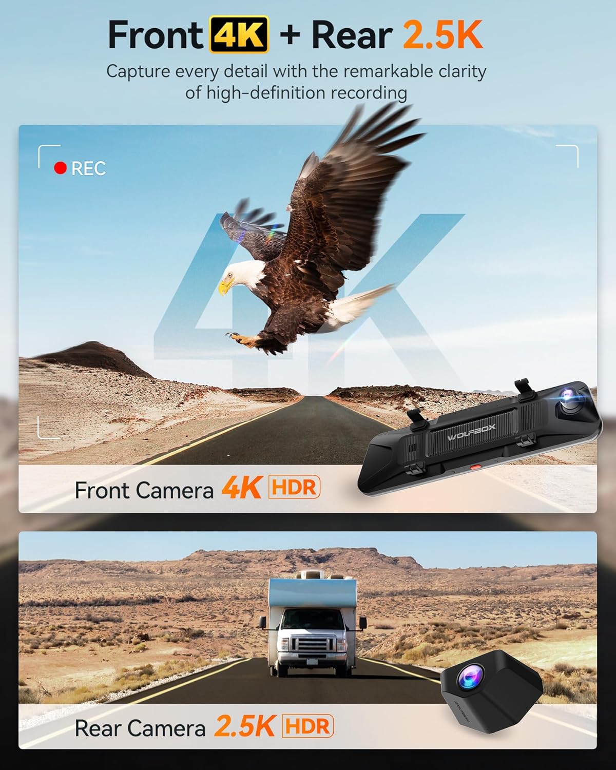 WOLFBOX G900 PRO Mirror Dash Cam with 8MP STARVIS IMX678  12 inches Rear View Mirror Camera with Front 4K and Rear 2.5K  Included 128GB Card  Voice Control  5.8GHz WiFi  Loop Recording  G-Sensor & GPS