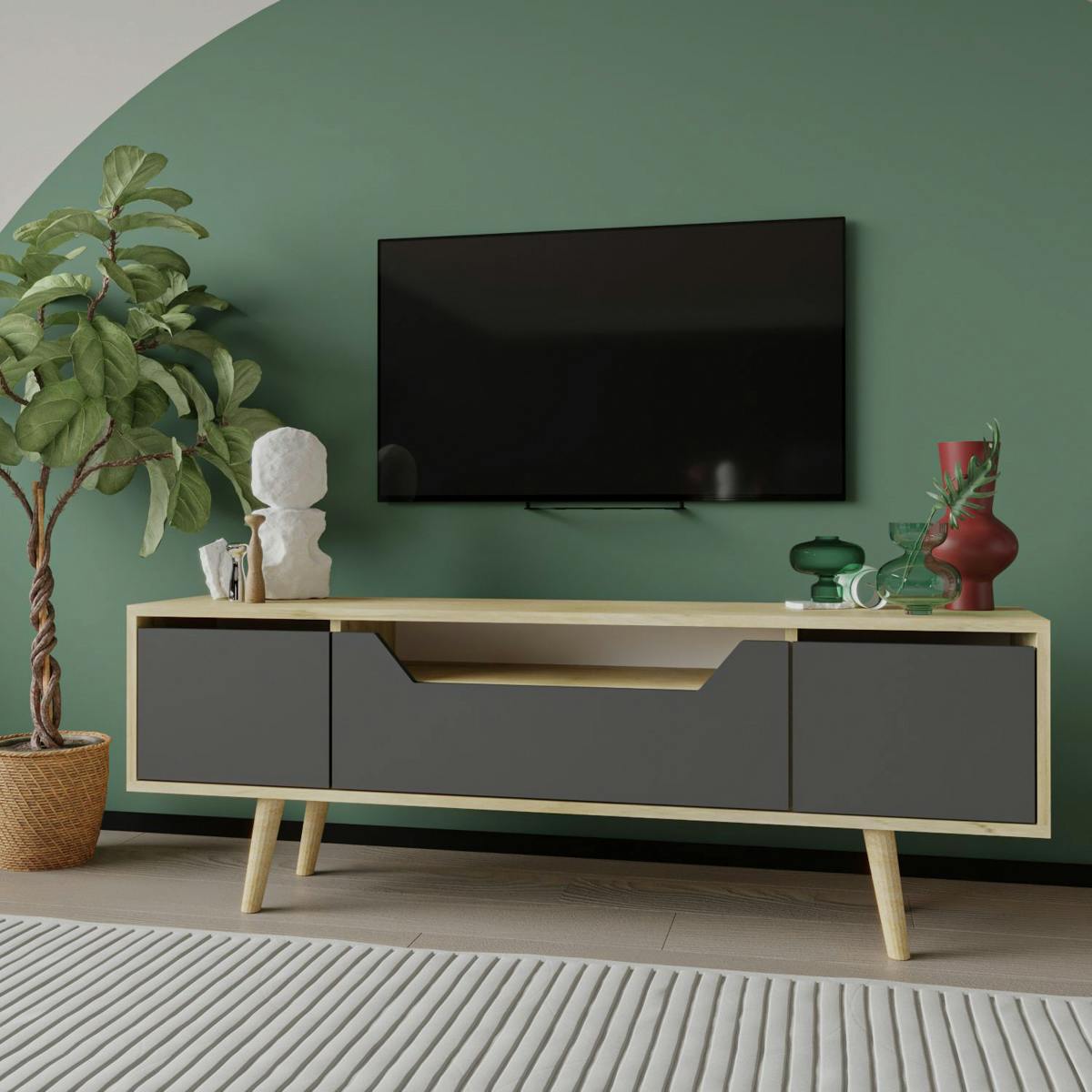 Meuble TV moderne 3 portes grises cadre clair 150 cm MARFA