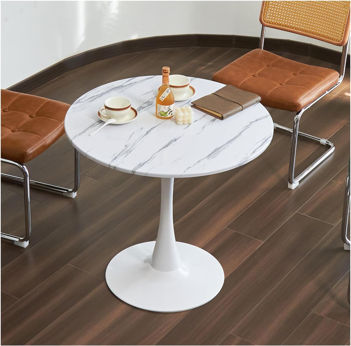 Round Dining Table, 31.5 Circle Tulip Table with Thickened Tabletop & Metal Pedestal, Mid Century Modern Bistro Table for Kitchen, Small Places, Living Room, Cafe (Marble Pattern White)