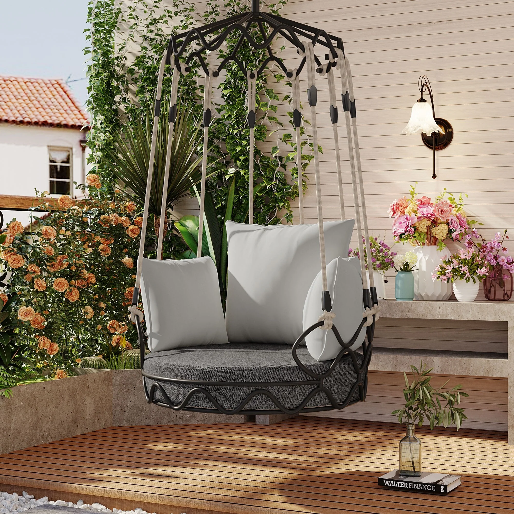 Round Swing Chairs Metal Frame Hanging Basket Chair with Cushion